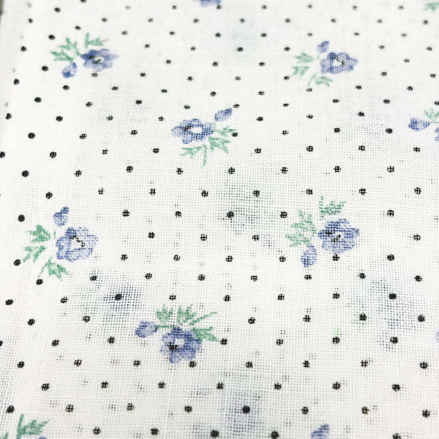 44" x 1 yd. Blue Flowers and Dots Poly Blend Gauze Fabric