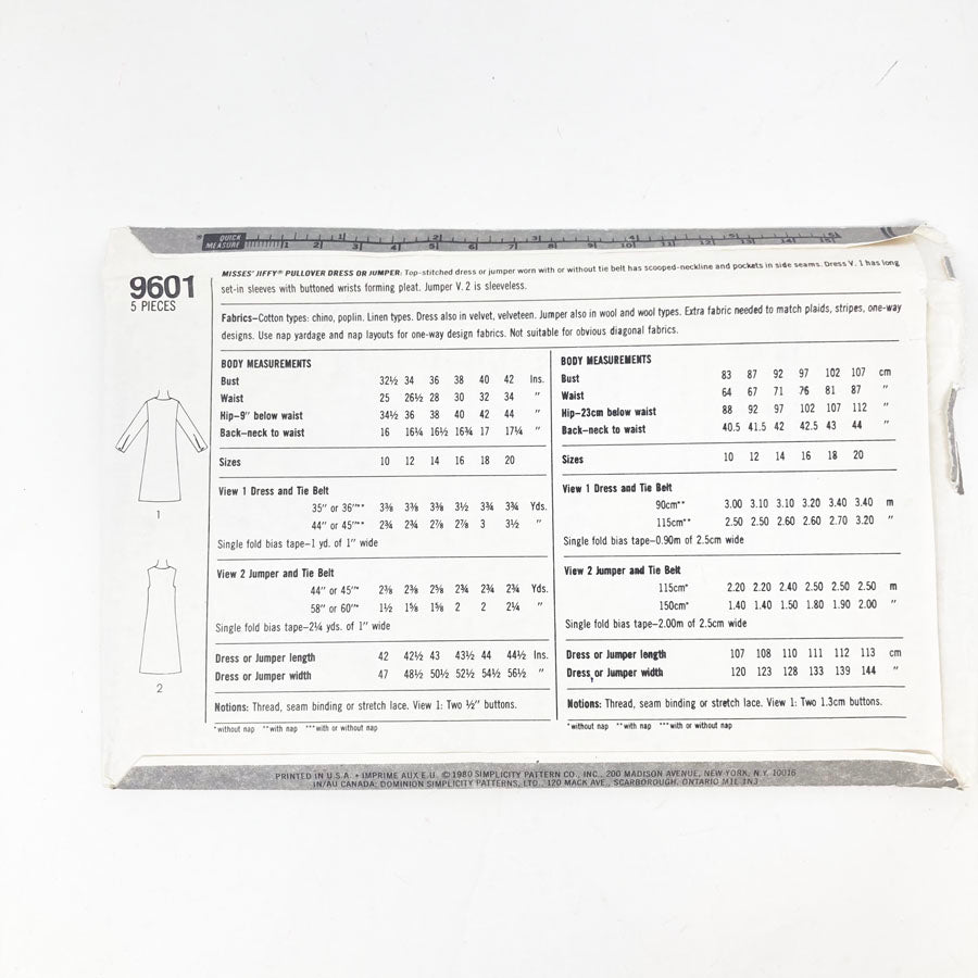 Simplicity 9601 Sewing Pattern - Dress (18 & 20) - 1980