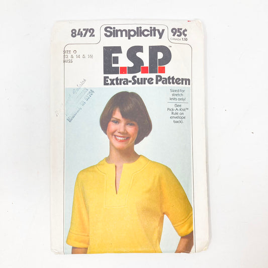 Simplicity E.S.P. 8472 Sewing Pattern - Top (6-16) - 1978