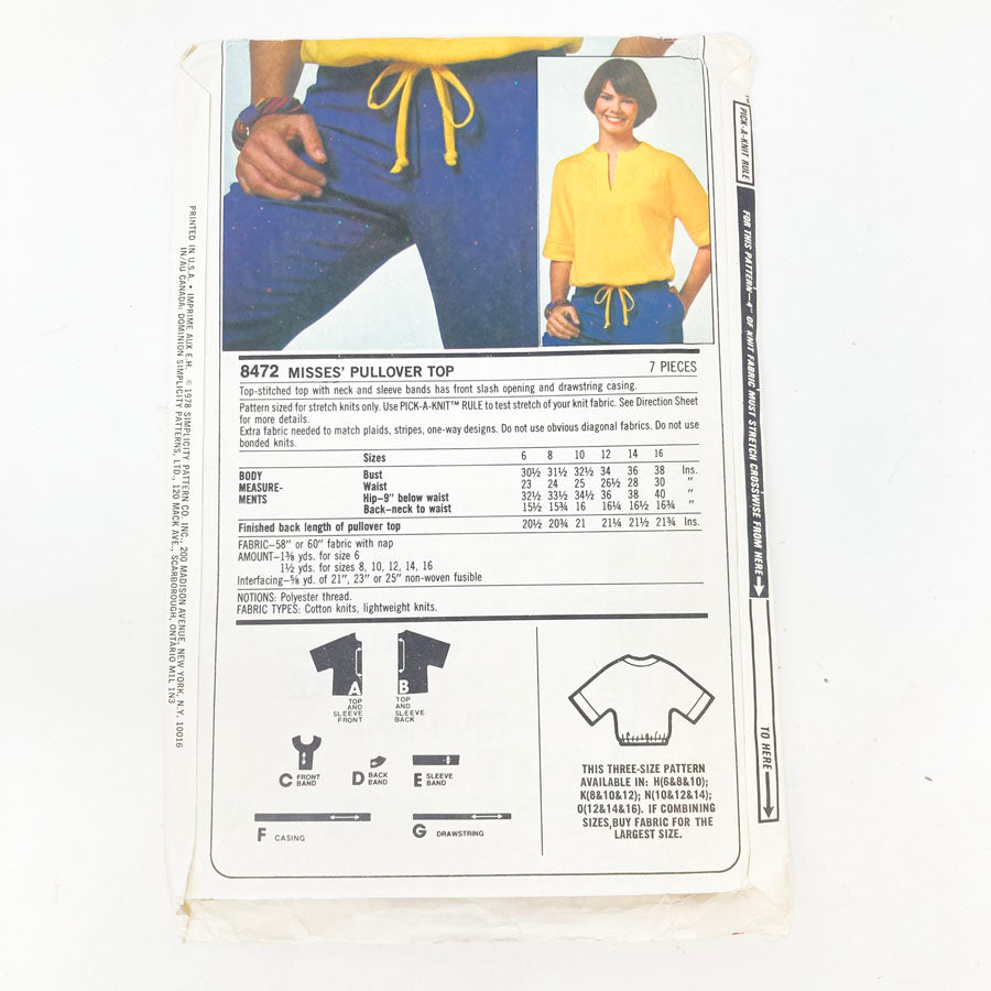 Simplicity E.S.P. 8472 Sewing Pattern - Top (6-16) - 1978
