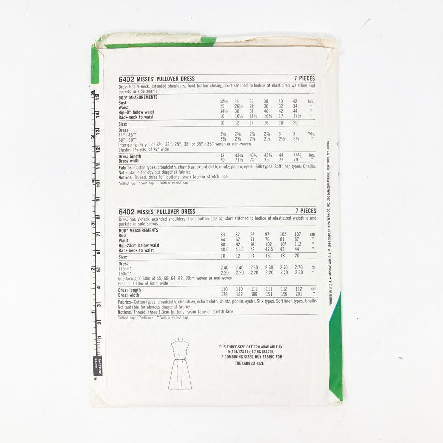 Simplicity E.S.P. 6402 Sewing Pattern - Dress (16-20) - 1984