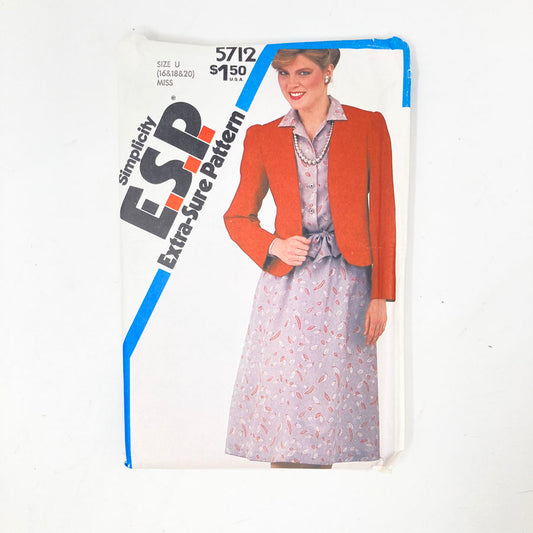 Simplicity E.S.P. 5712 Sewing Pattern - Dress (16-20) - 1982