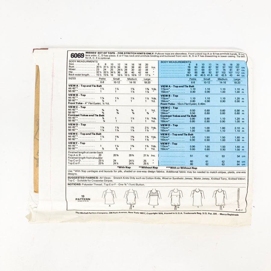 McCall's 6069 Sewing Pattern - Misses Top (Large) - 1978