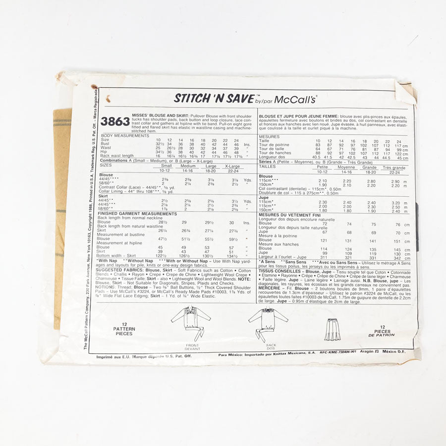 McCall's Stitch 'N Save 3863 Sewing Pattern - Outfit (Sm-Md) - 1988