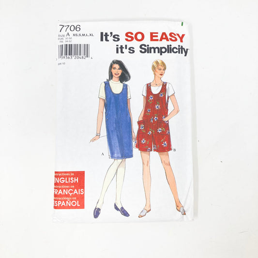 Simplicity 7706 Sewing Pattern - Jumper/Romper (XS-XL) - 1997