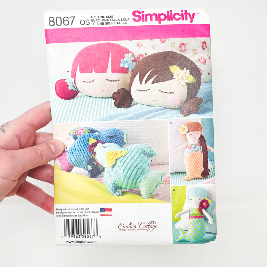 Simplicity 8067 Sewing Pattern - Stuffed Doll Face Pillow, Mermaids and Birds