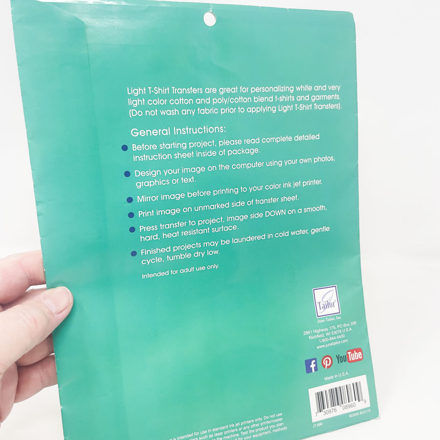 June Tailor Light T-Shirt Iron-On Ink Jet Transfer Sheets 8.5"X11"