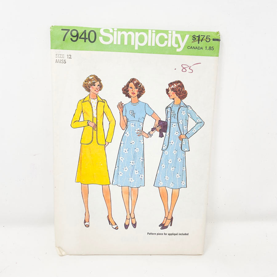 Vintage 1977 Simplicity Jacket and Dress - 7940 - Size 12