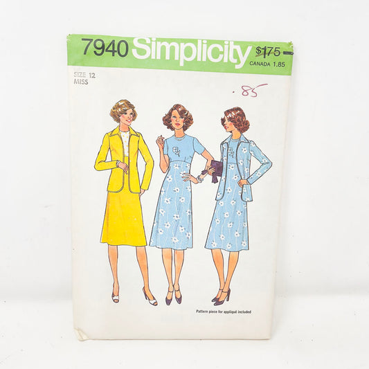 Vintage 1977 Simplicity Jacket and Dress - 7940 - Size 12