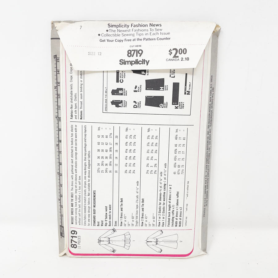 Vintage 1978 Simplicity Dress - 8719 - Size 12