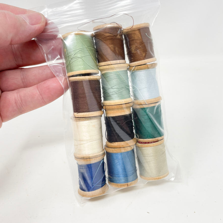 Blue Green Brown Thread Bundle - Wooden Spools