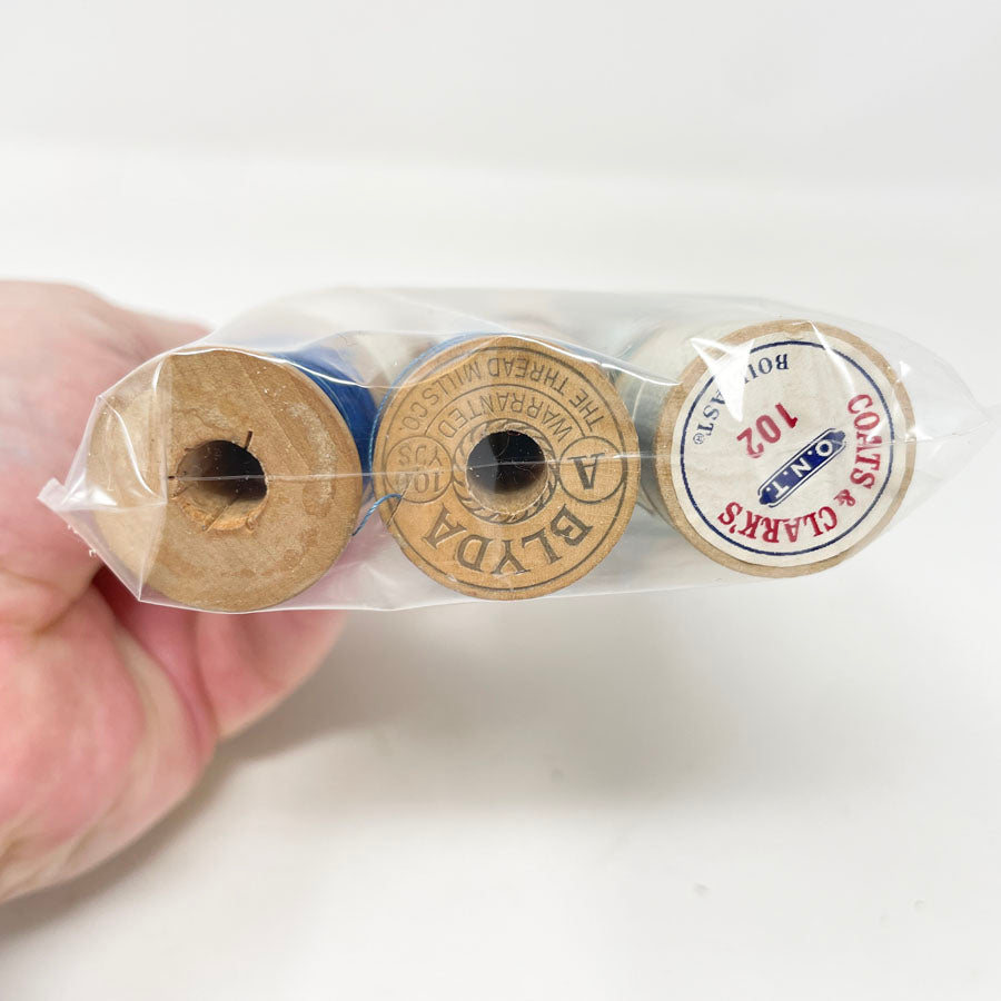 Blue Green Brown Thread Bundle - Wooden Spools