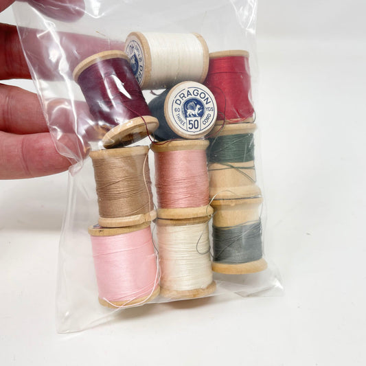 Pink Red Green Thread Bundle - Wooden Spools