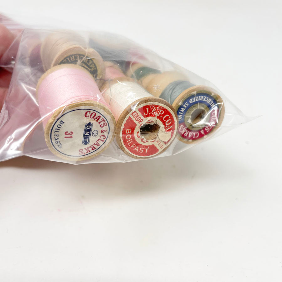Pink Red Green Thread Bundle - Wooden Spools