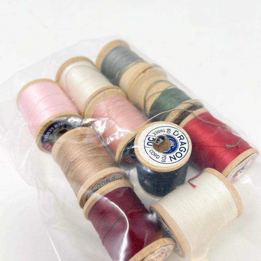Pink Red Green Thread Bundle - Wooden Spools