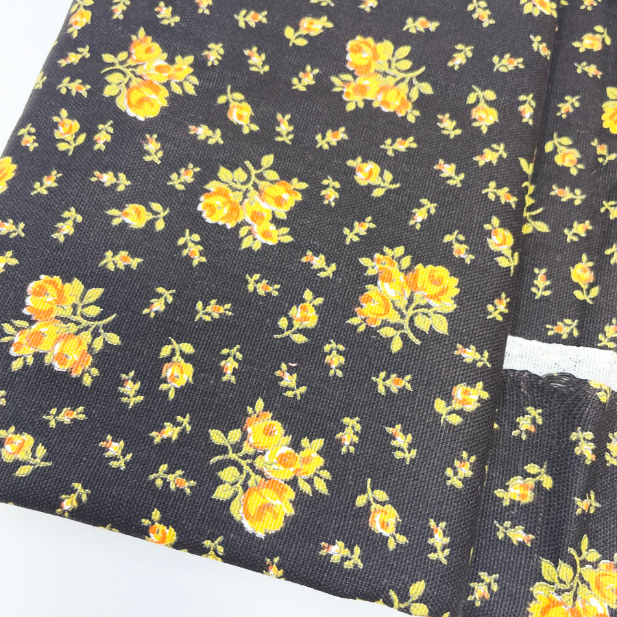 1 yd x 53" - Vintage Orange Roses on Black Fabric