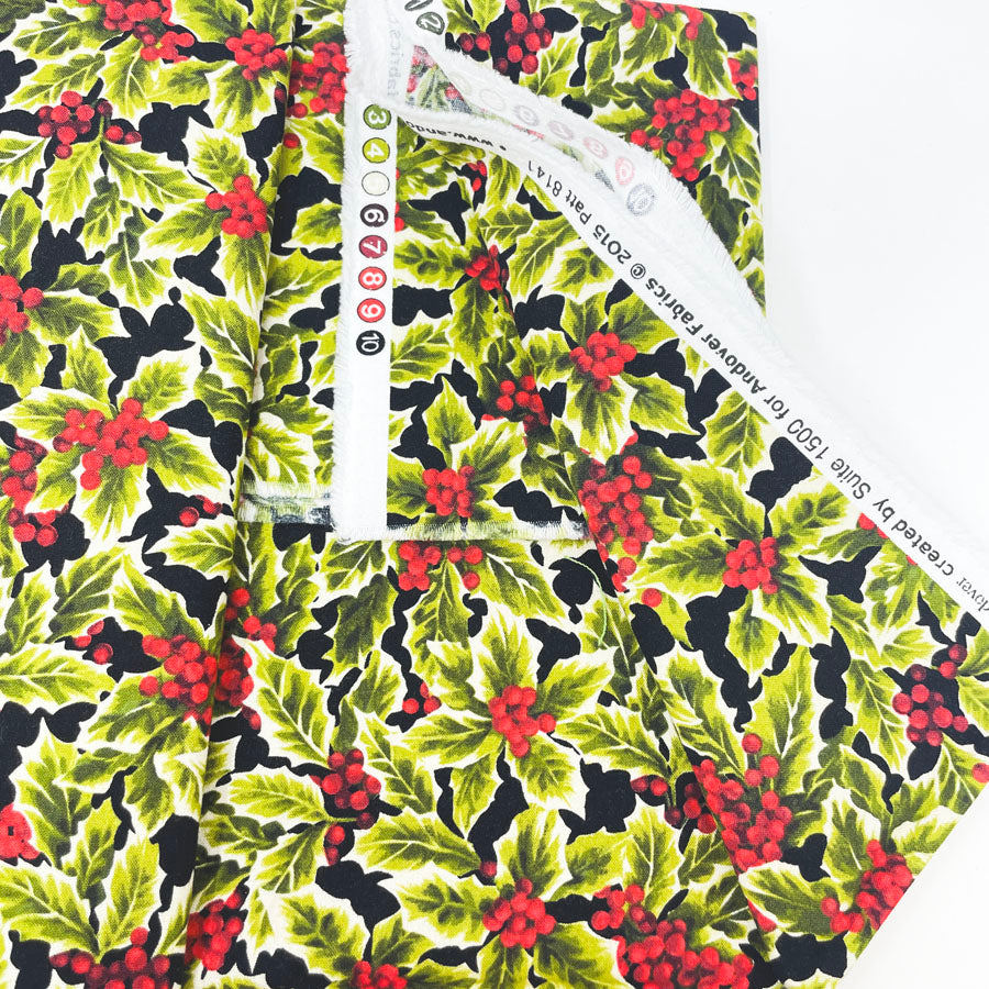 1 yd x 42" - Holly on Black Fabric - Andover
