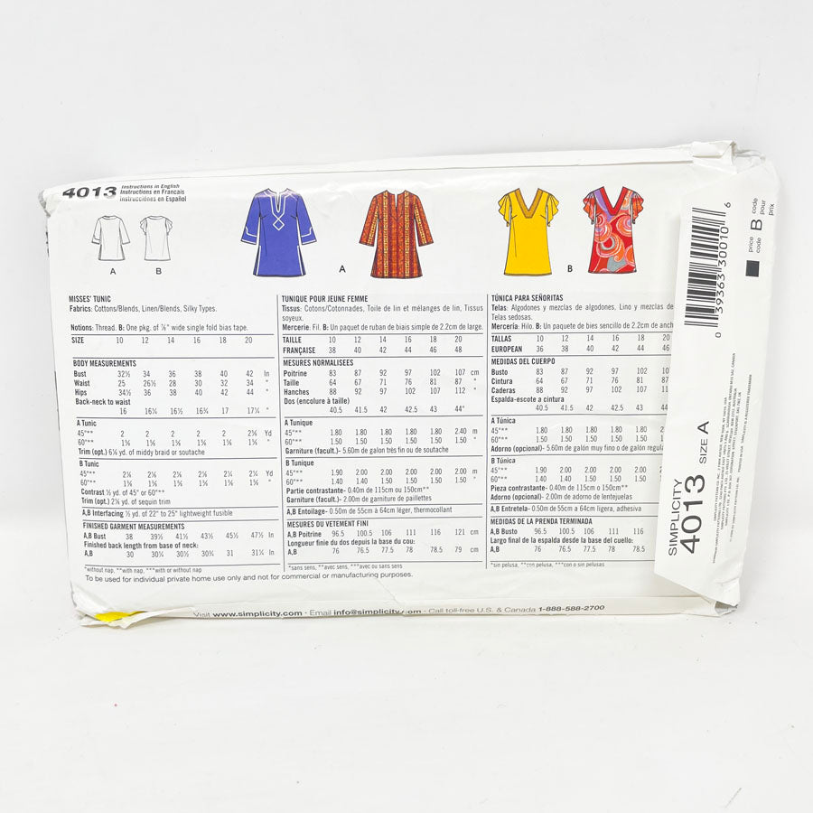 2006 Simplicity 4013 Sewing Pattern - Tunic (10-20)